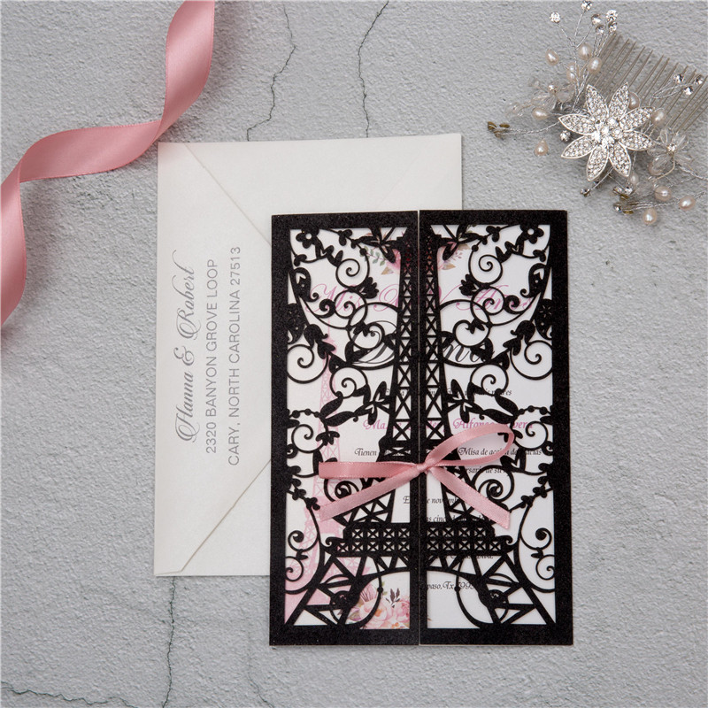 Rose Gold Glitter Eiffel Tower Laser Cut Quinceañera Invitation with Ribbon  CLXV001