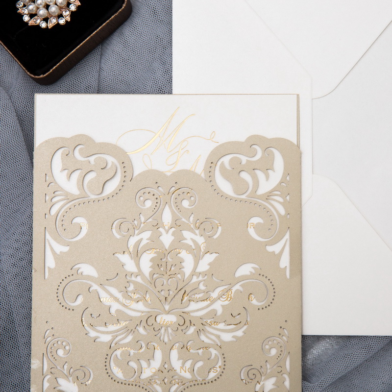 Luxury Ivory and champagne laser cut pocket invitation with dior bow and  pearl embelishment