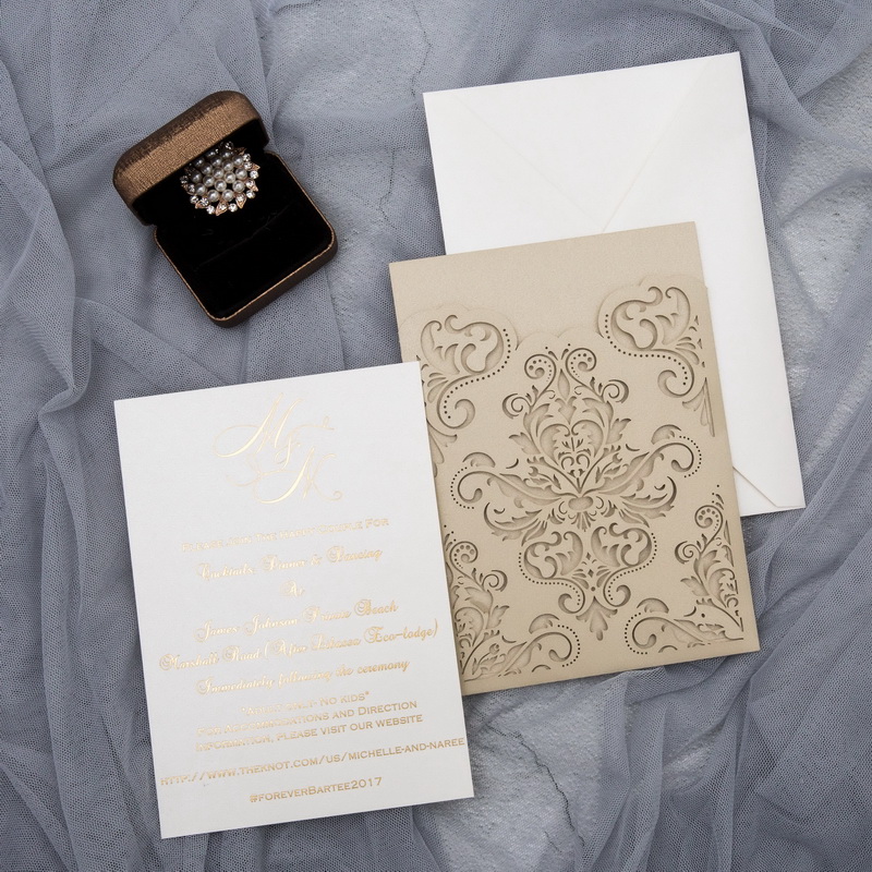 Luxury Ivory and champagne laser cut pocket invitation with dior bow and  pearl embelishment