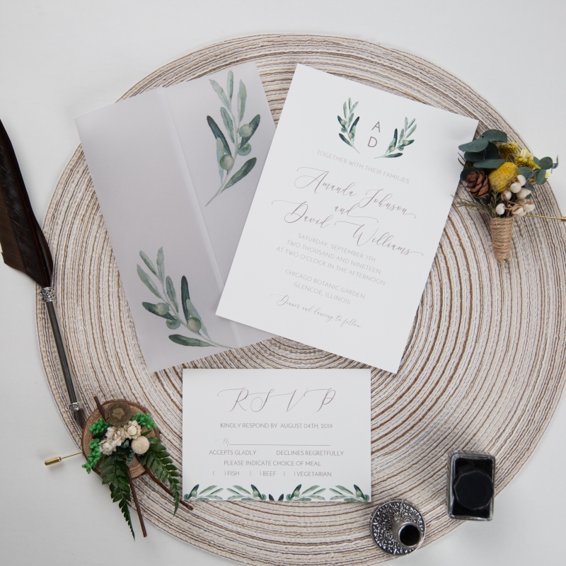 Greenery Botanical Monogram Vellum Paper Pocket Wedding Invitation